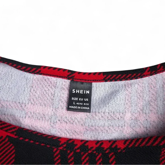 SHEIN Red Black Plaid Bodycon Dress Short Sleeve Round Neck Size L - Picture 2 of 3